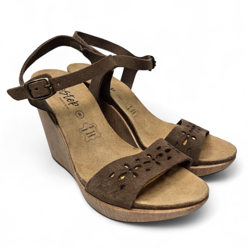 Biostep Taupe Suede Wedge Sandals Women's Perforated Floral Pattern Buckled 8.5